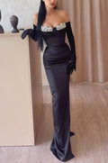 Black Prom Dress with Gloves Long Mermaid Appliques Satin BM bride