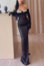 Black Prom Dress with Gloves Long Mermaid Appliques Satin BM bride