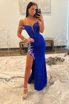 Exquisite Royal Blue Off-the-Shoulder Beaded Long Prom Dress with Beautiful Appliques BM bride