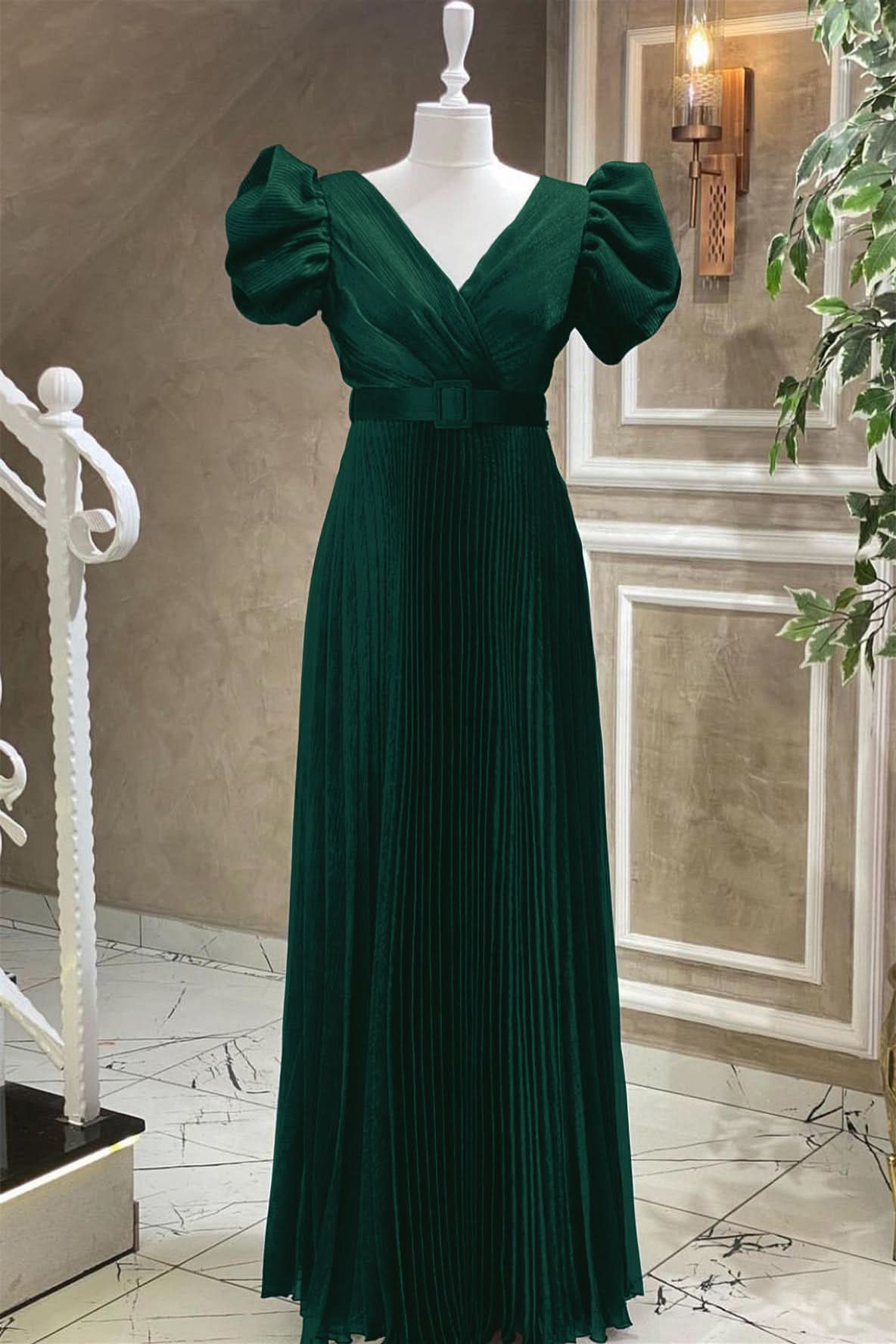 Royal Blue V-Neck Evening Dress with Short Sleeves and Belt Online BM bride