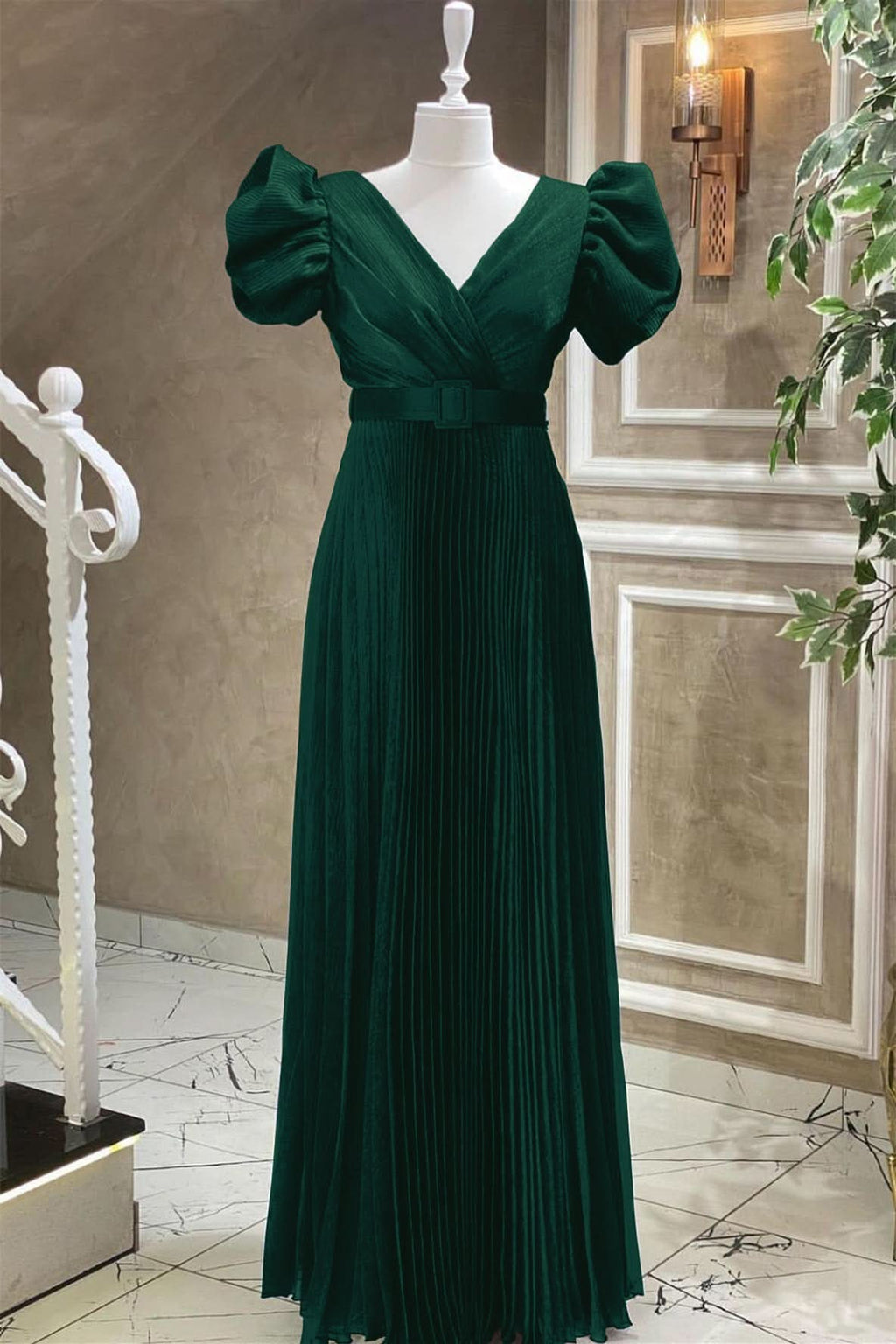 Royal Blue V-Neck Evening Dress with Short Sleeves and Belt Online BM bride