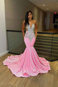 Glamorous Sliver And Pink V Neck Mermaid Prom Dress  Sleeveless Leaky Back