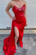 Red Sweetheart Long Sequined Mermaid Dress with Split and Ruffles BM bride