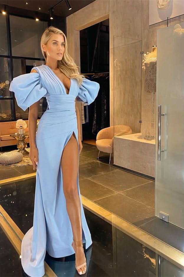 Mermaid Split Prom Dress Long with Puffy Sleeves BM bride