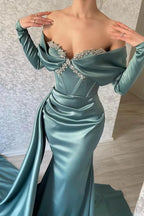 Elegant Sweetheart Long Sleeve Mermaid Prom Dress with Rhinestone Ruffles BM bride