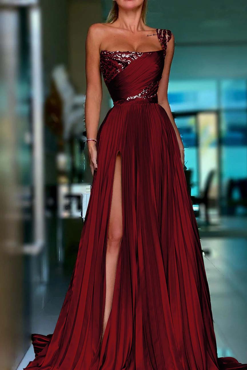 One Shoulder Sleeveless Long Prom Dress With High Split Sequins BMBRIDE