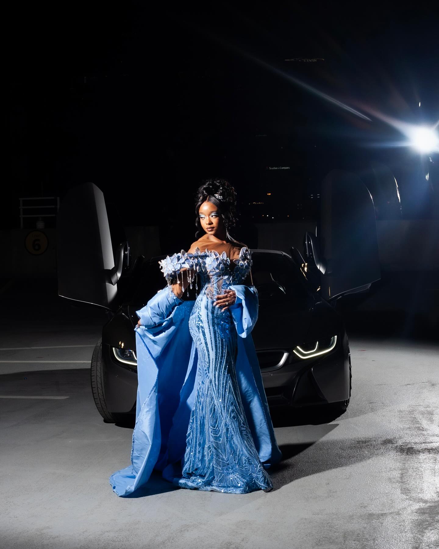 The Sky Diamond - 2026 Off-Shoulder Beaded Mermaid Gown: White Floral Appliqués with Crystal Fringe & Blue Satin Sleeves