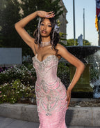 The Pink Princess - 2026 Crystal Beaded Mermaid Gown: Blush Pink with Silver Geometric Crystals & Dramatic Tulle Ruffle Overskirt