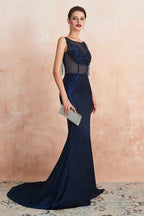 Gorgeous Navy Blue Sleeveless Jewel Neck Mermaid Prom Dress Lace With Tassels Rhinestone