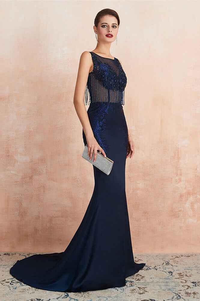 Gorgeous Navy Blue Sleeveless Jewel Neck Mermaid Prom Dress Lace With Tassels Rhinestone