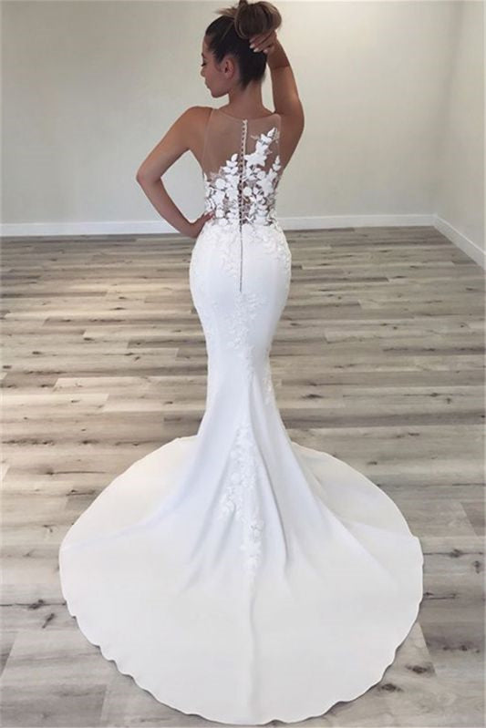 Sleeveless Jewel Long Mermaid Wedding Dress with Lace Appliques BM bride