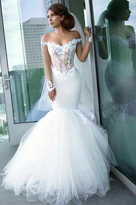 Off-the-Shoulder Mermaid Wedding Dress with Lace Appliques BM bride