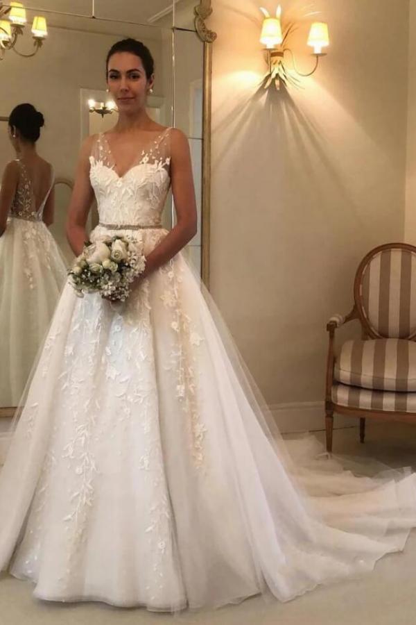 Long A-line Wedding Dress Open Back With Tulle Sweetheart BM bride