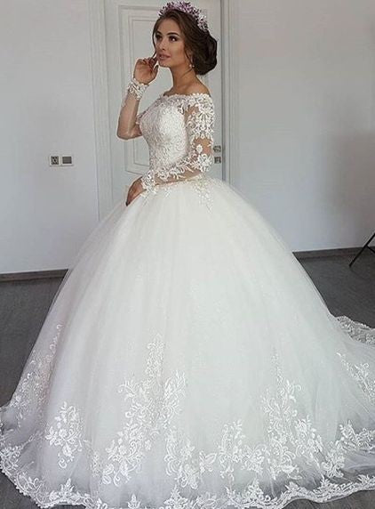 Princess Wedding Dress with Off the Shoulder Appliques Lace and Chic Long Sleeves for a Regal Look BM bride