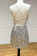 Sparkly Silver Sequin Fringed Tight Short Homecoming Dress Bmbride