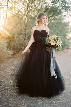 Classy Black Sweetheart Long Wedding Dress with Open Back and Lace Tulle BM bride
