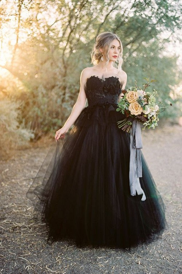 Classy Black Sweetheart Long Wedding Dress with Open Back and Lace Tulle BM bride