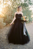 Classy Black Sweetheart Long Wedding Dress with Open Back and Lace Tulle BM bride