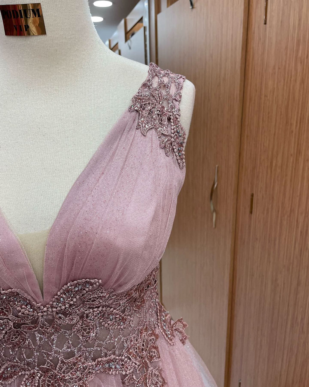 Dusty Pink V-Neck Sleeveless Long Tulle Prom Dress with Appliques BM bride