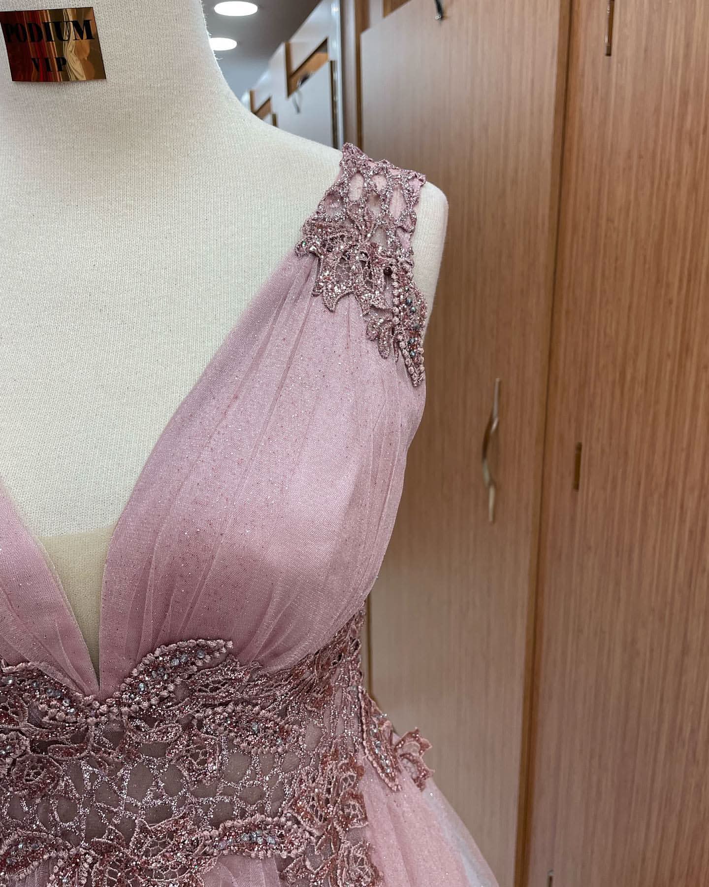 Dusty Pink V-Neck Sleeveless Long Tulle Prom Dress with Appliques BM bride
