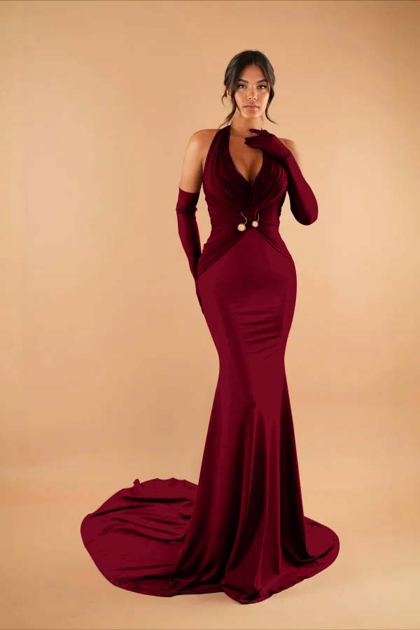 Halter Sleeveless Long Mermaid Prom Dress With Pleated Gloves BMBRIDE
