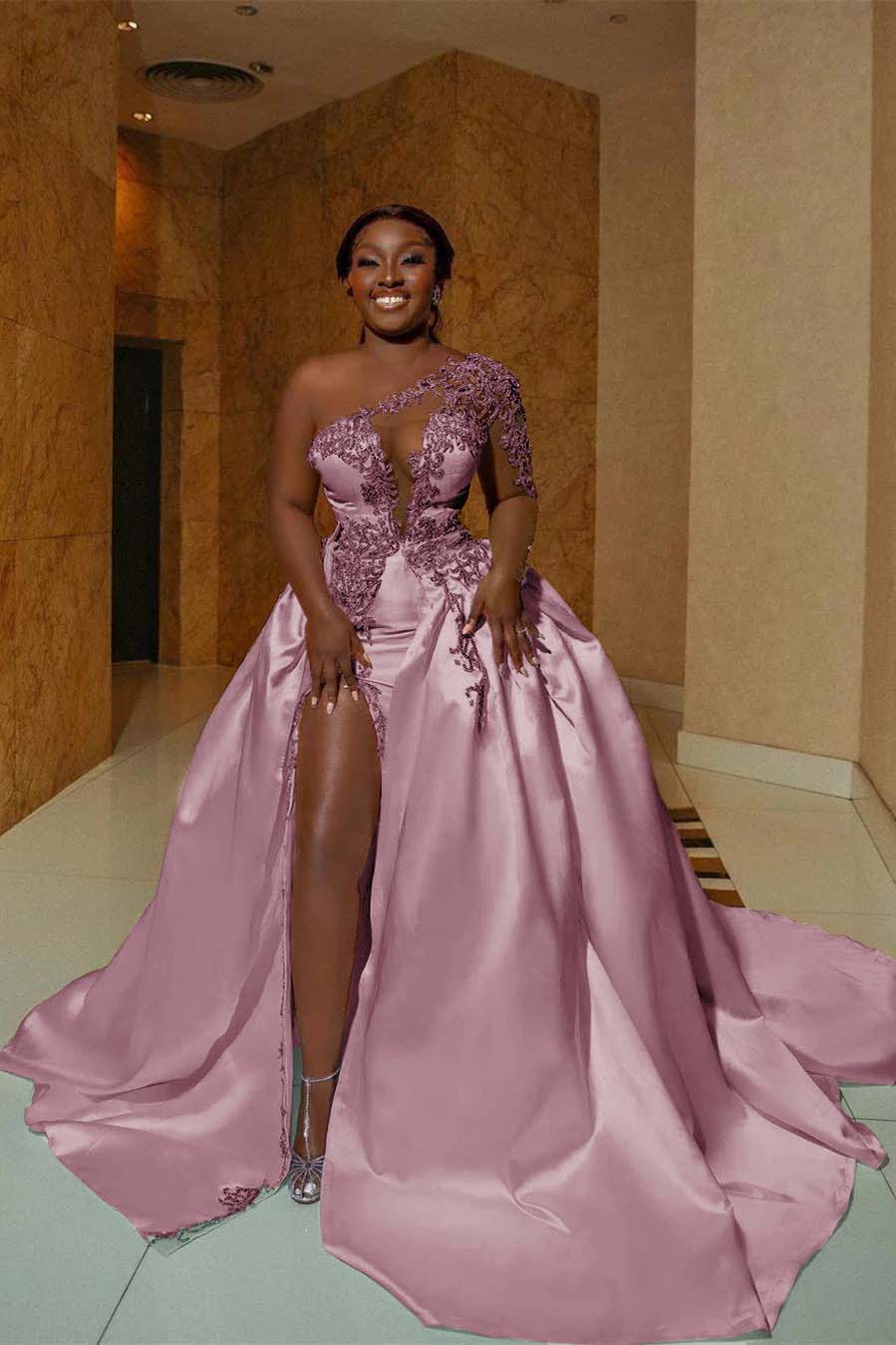 One Shoulder Sleeveless Long Split Prom Dress With Appliques BMBRIDE