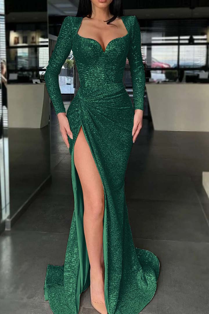 Long Sleeves High Split Long Prom Dress Mermaid With Sequins BMBRIDE