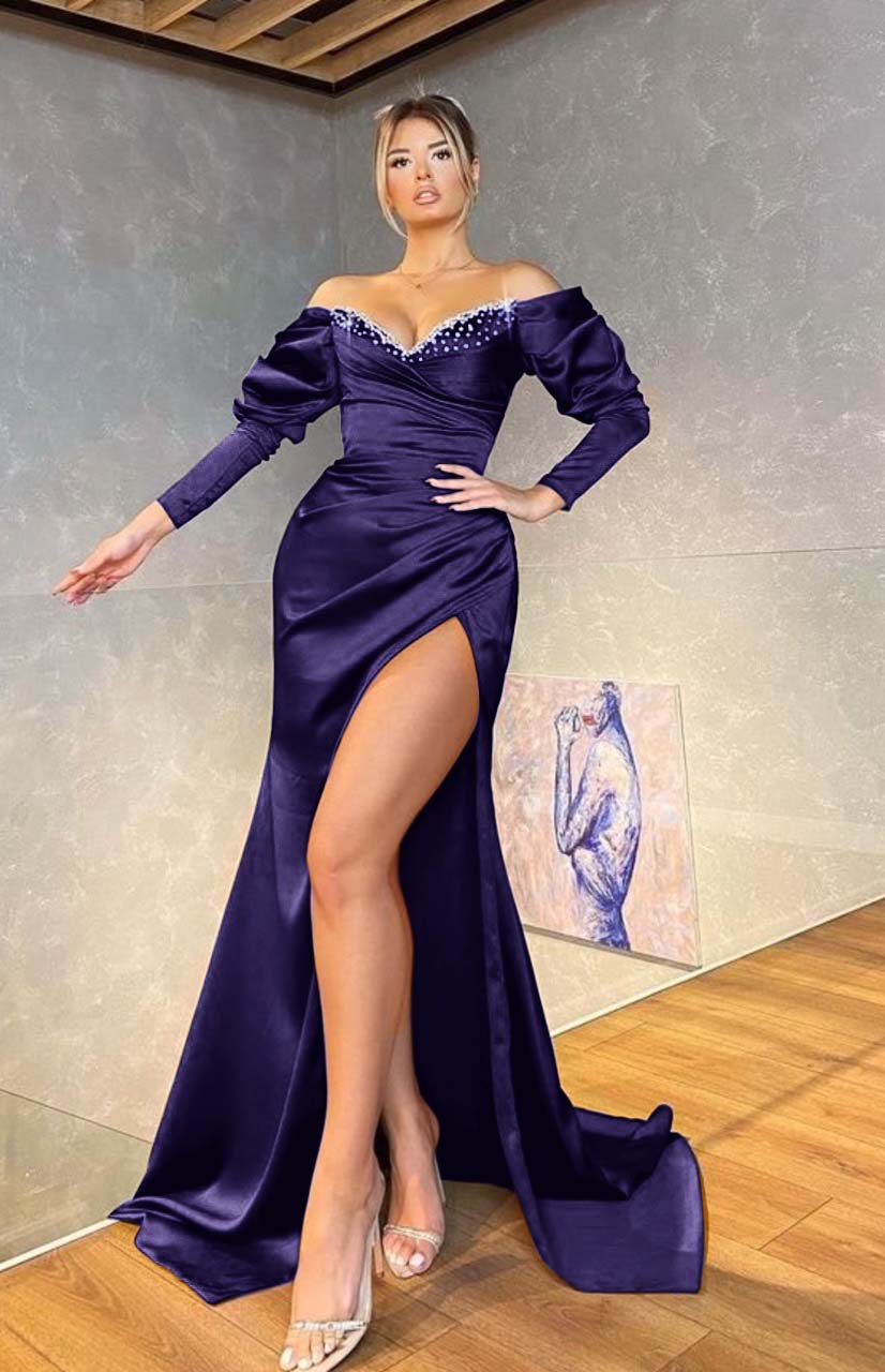 Off the Shoulder Mermaid Royal Blue Long Sleeves Prom Dress Beading BMBRIDE