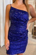 Royal Blue Glitter One Shoulder Tight Homecoming Dress