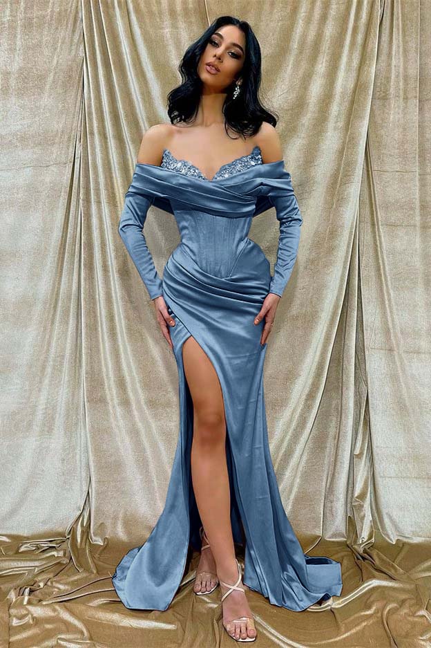 Off the Shoulder Long Sleeves Mermaid Long Prom Dress With Beading BMBRIDE