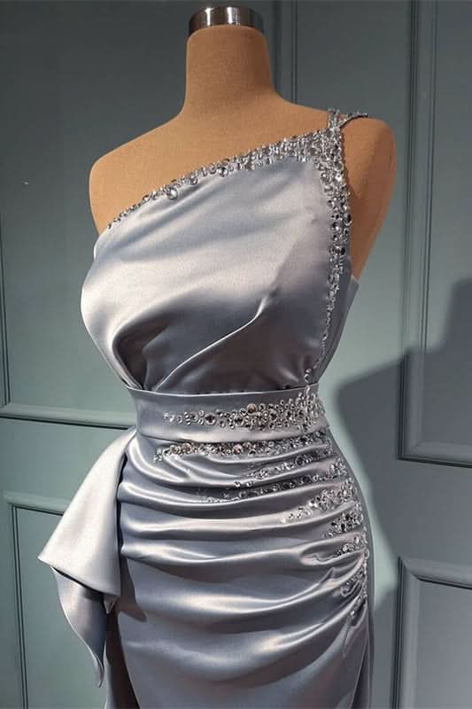 Shiny Silver One Shoulder Prom Dress with Belts Online BM bride
