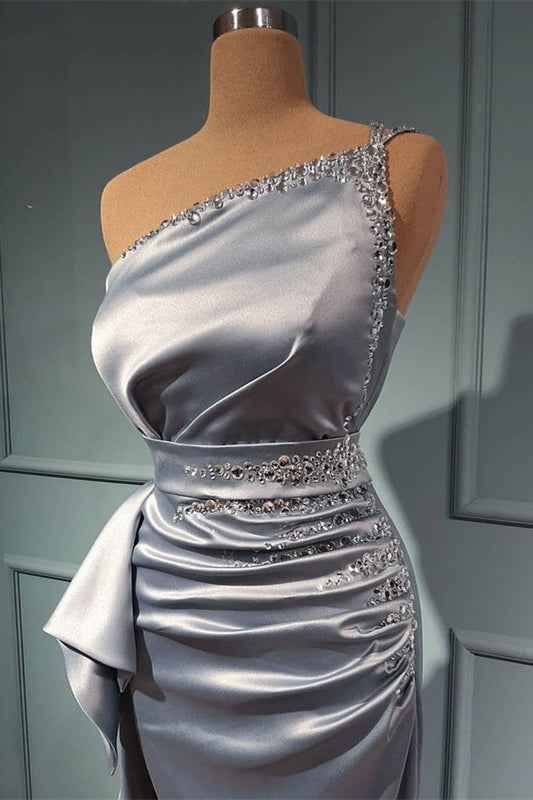One Shoulder Sleeveless Beadings Prom Dress Shiny Sliver With Belts Online