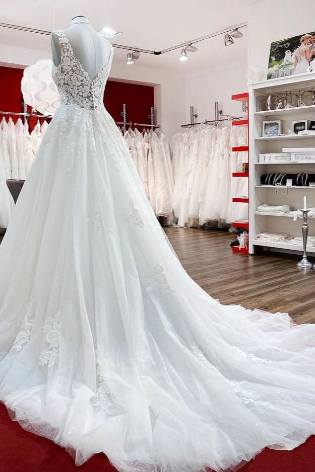 Eye-catching Long A-line Wedding Dresses With White Ruffles Tulle Lace BM bride