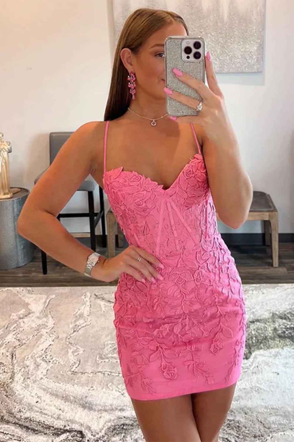 Champagne Spaghetti Straps Tight Short Homecoming Dress with Appliques