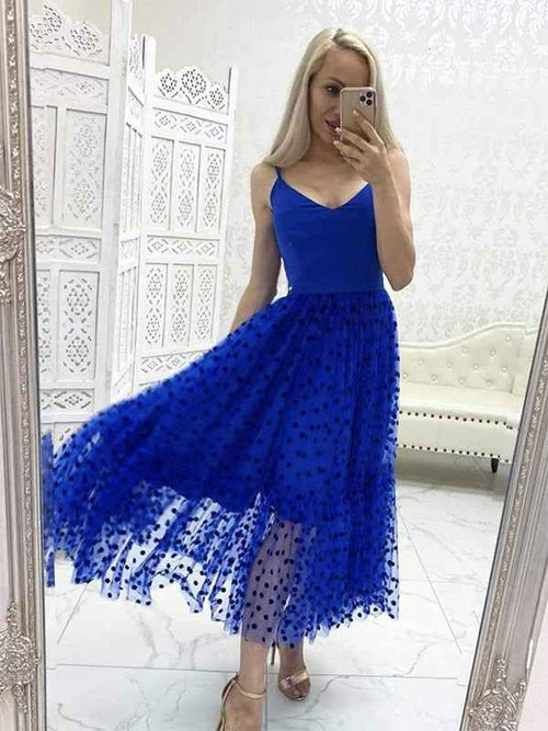 Blue A Line V Neck Tulle Tea Length Prom Dress BMBRIDE