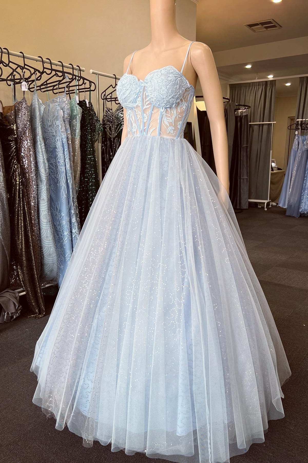 Elegant Light Blue Floral Lace Sweetheart A-Line Prom Dress BM bride