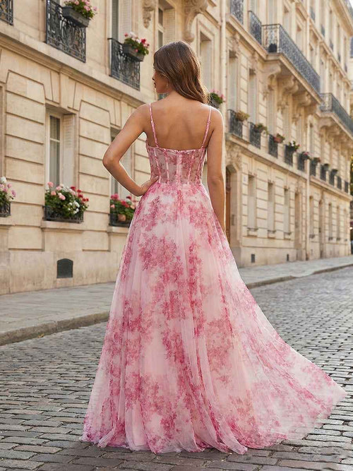 Pink Floral Corset Tulle Long Prom Dress with Delicate Spaghetti Straps BMBRIDE