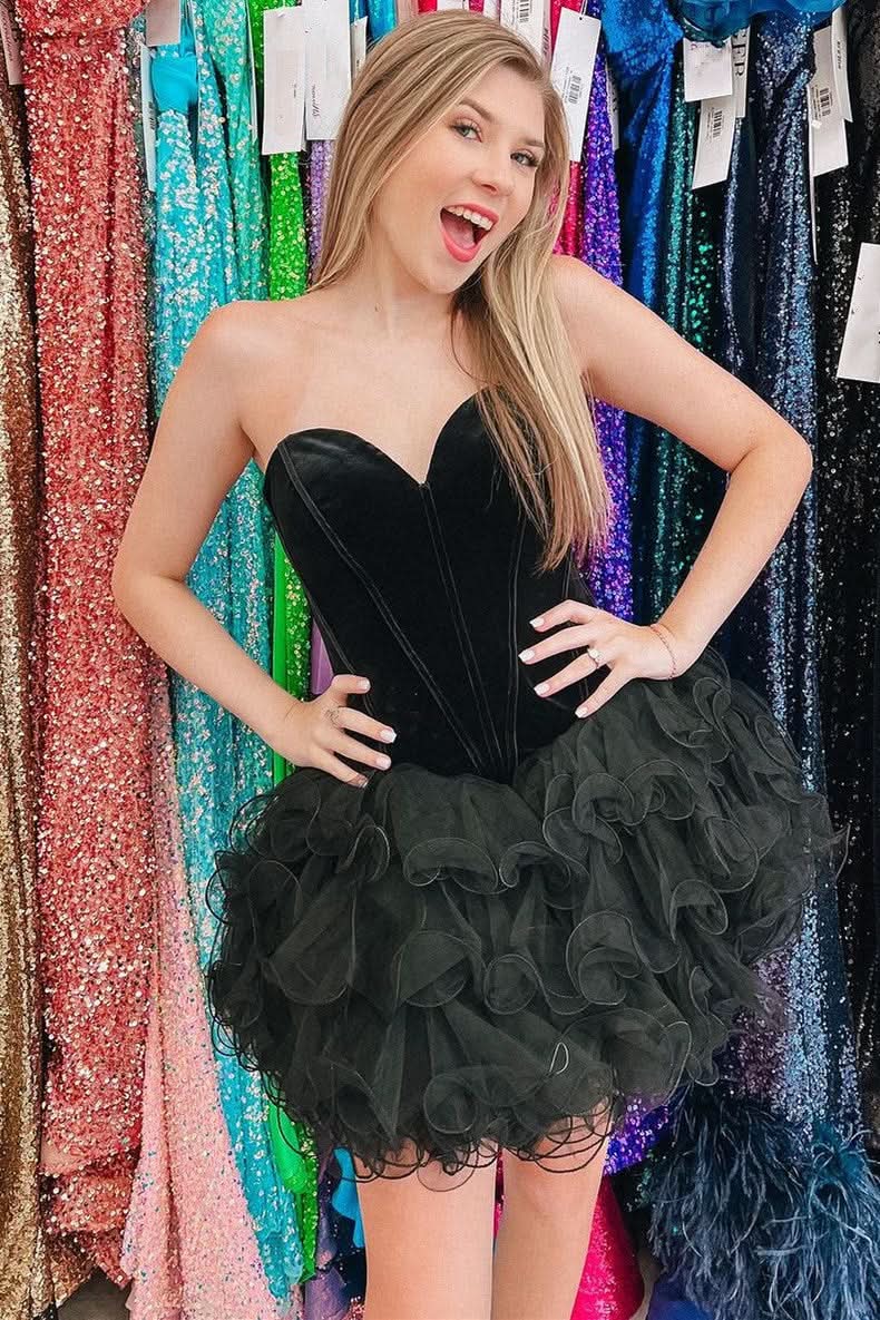 Stylish Black Velvet Strapless Ruffles Short Homecoming Dress BM bride