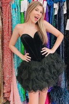Stylish Black Velvet Strapless Ruffles Short Homecoming Dress BM bride