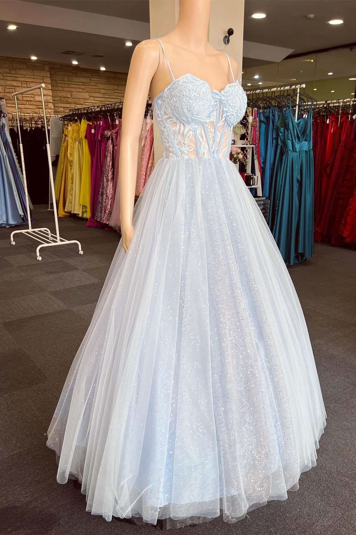Elegant Light Blue Floral Lace Sweetheart A-Line Prom Dress BM bride