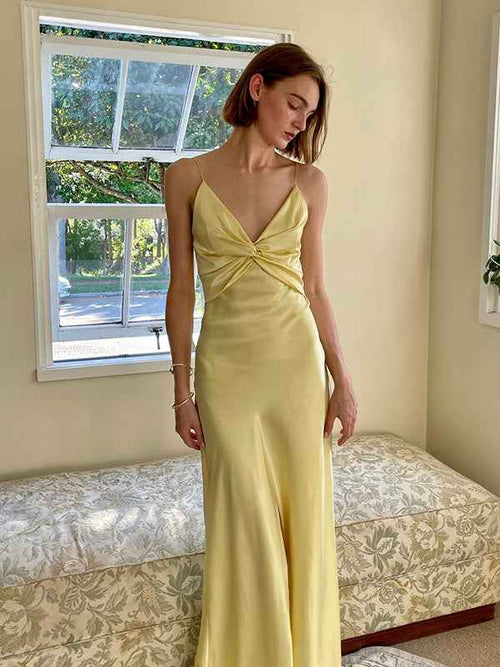Yellow Sheath Spaghetti Straps Long Prom Party Dress with Keyhole Back BMBRIDE
