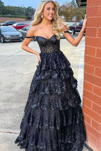 Enchanting Princess Off-the-Shoulder Sequined Lace Prom Dress BM bride