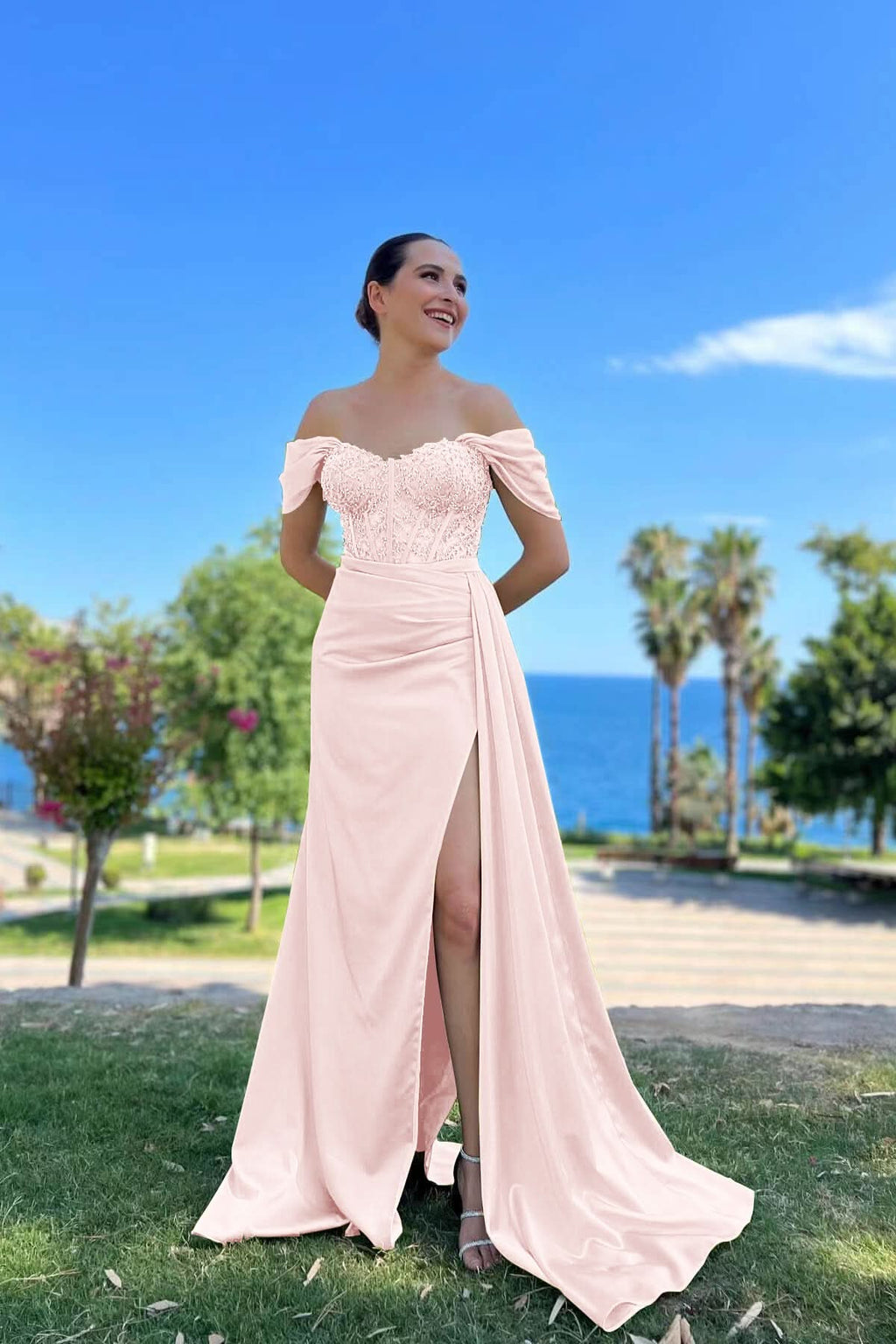 Off-the-Shoulder Sweetheart Beaded Mermaid Prom Dress with Front Split BM bride