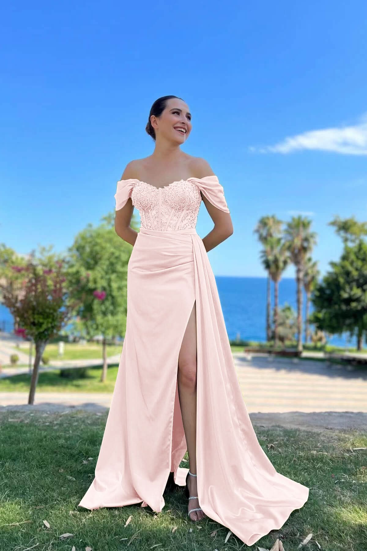Off-the-Shoulder Sweetheart Beaded Mermaid Prom Dress with Front Split BM bride
