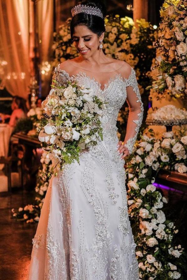 Jewel Off-the-Shoulder Long Sleeve Mermaid Wedding Dress with Lace Appliques BM bride