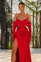 Prom Dress Red Half Sleeves Off-the-Shoulder with Slit Pleated Gloves BM bride