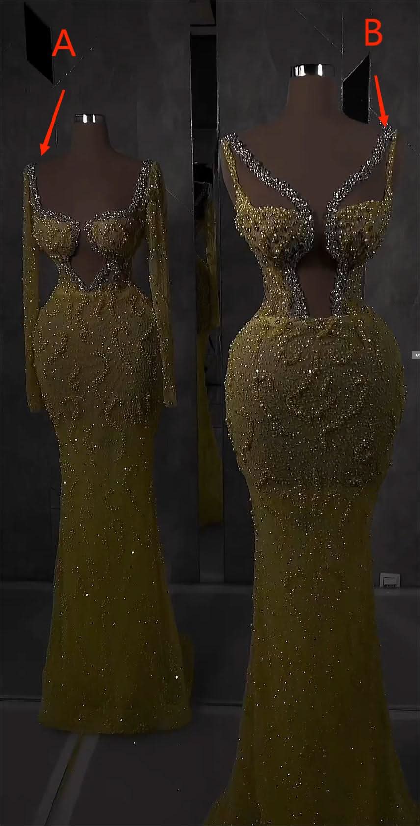 Gold Sequins Mermaid Prom Dress Cut Out V-Neck Long Beading Dress BM bride