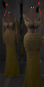 Gold Sequins Mermaid Prom Dress Cut Out V-Neck Long Beading Dress BM bride