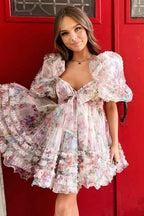 Ivory Puff Sleeves A-Line Floral Short Homecoming Dress with Ruffles Bmbride