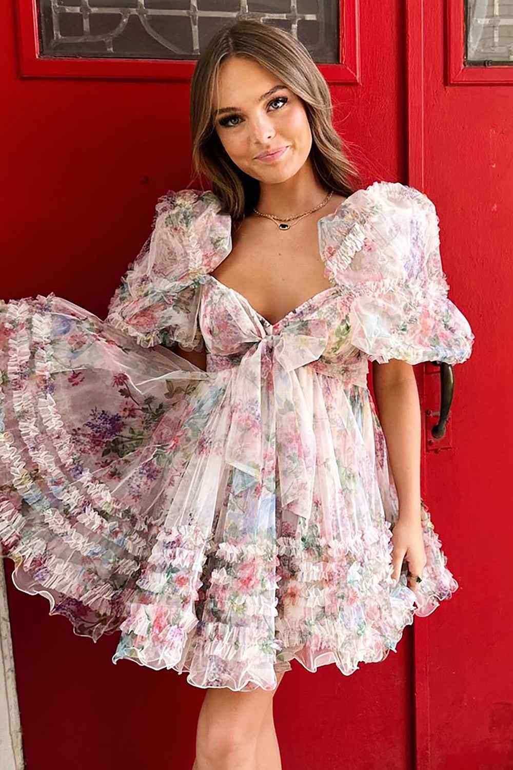 Ivory Puff Sleeves A-Line Floral Short Homecoming Dress with Ruffles Bmbride